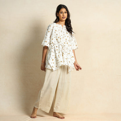 White - Hand Block Printed Kaftan & Pyjama Night Suit Set