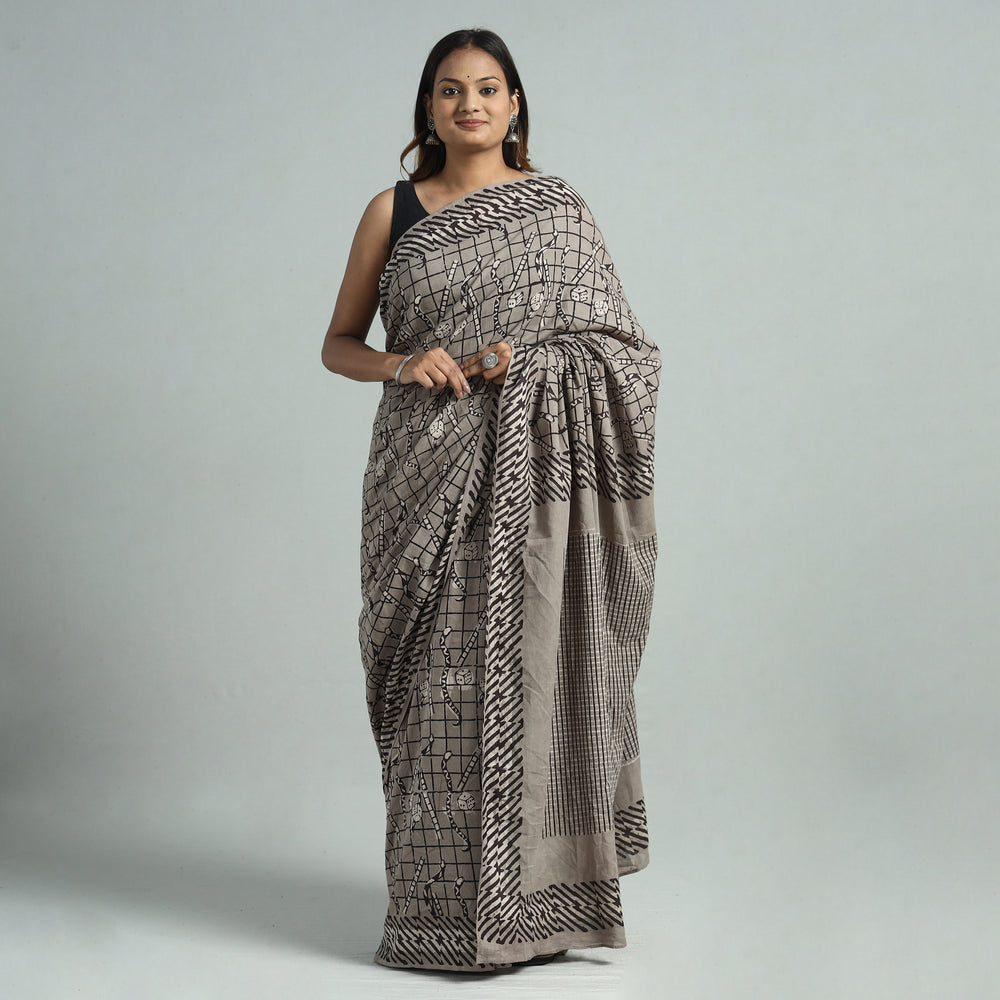 Grey - Bindaas Art Block Printed Natural Dyed Cotton Saree 16