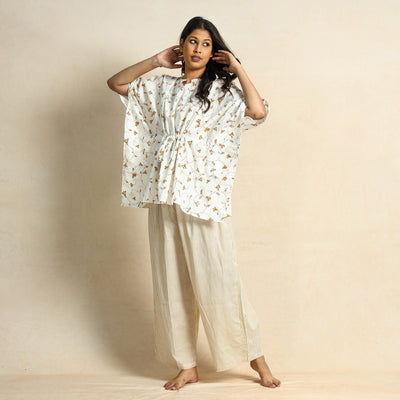 White - Hand Block Printed Kaftan & Pyjama Night Suit Set