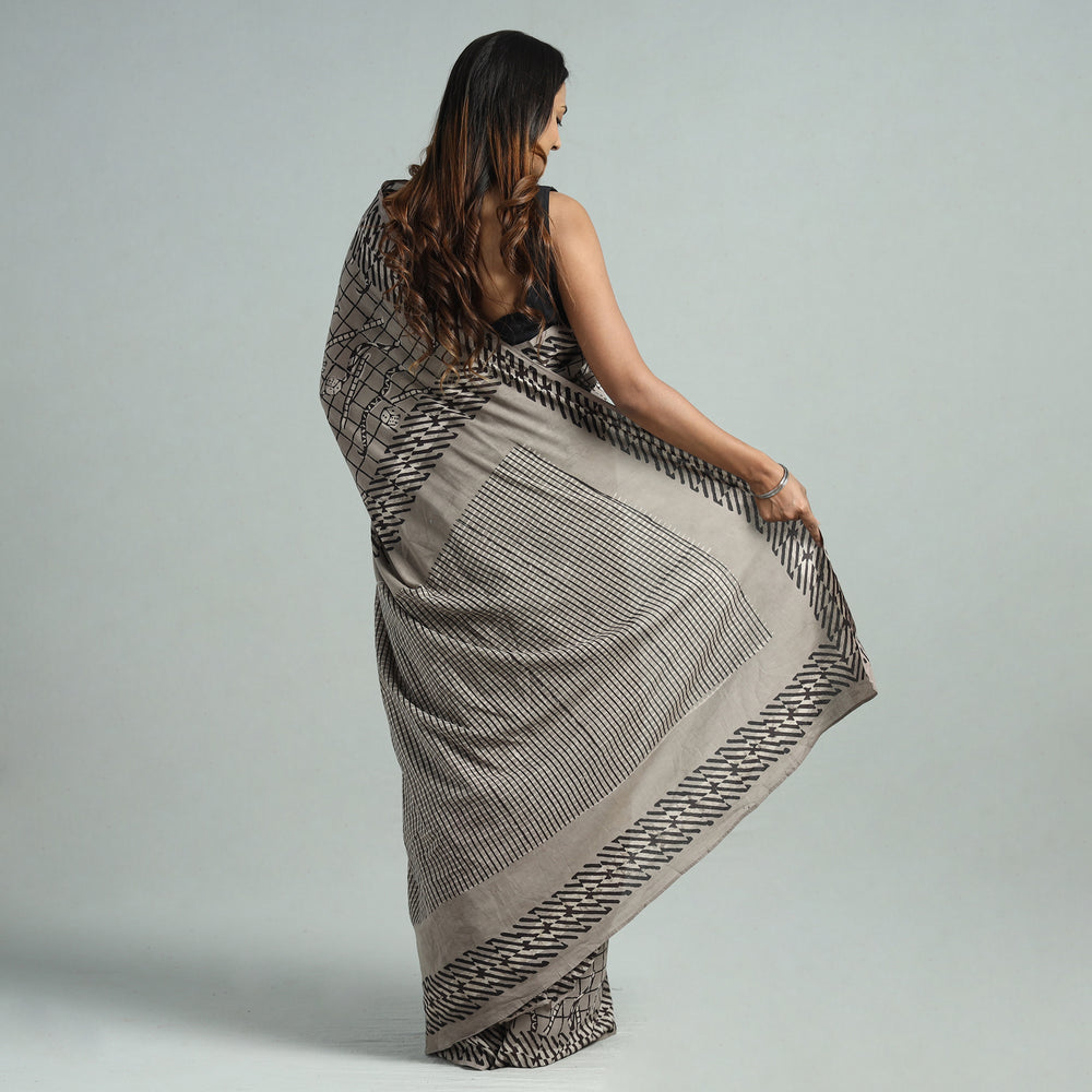 Grey - Bindaas Art Block Printed Natural Dyed Cotton Saree 16