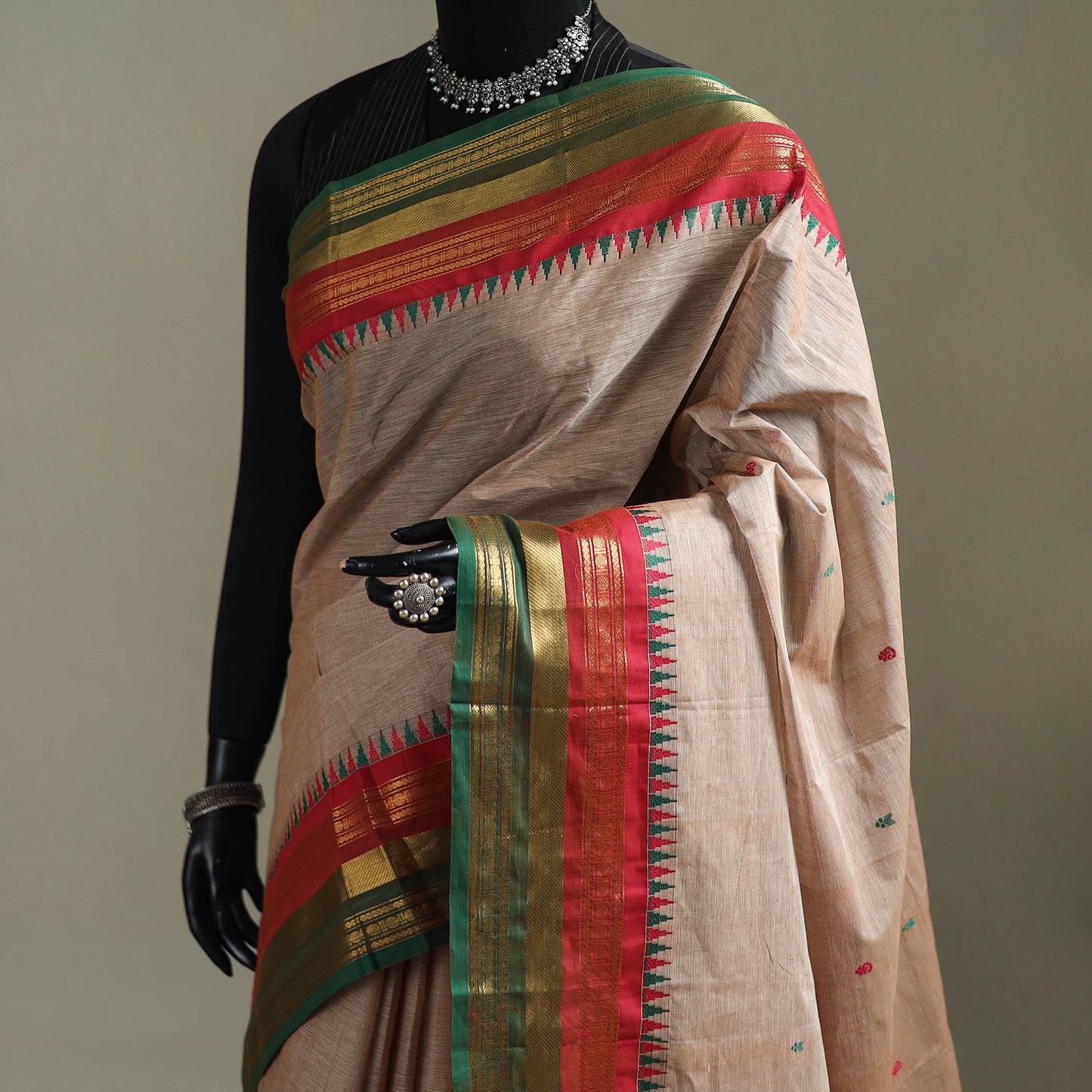 Beige - Kanchipuram Buti Cotton Saree with Border 01