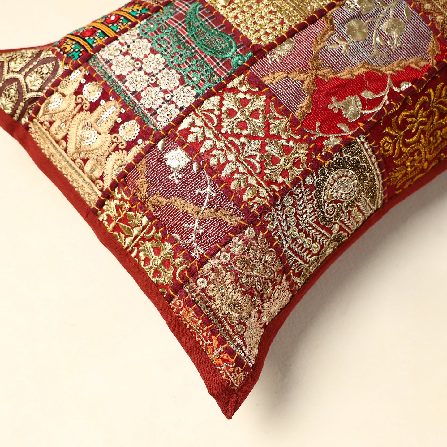 Red - Khambadiya Patchwork Cotton Pillow Cover (24 x 17 in) 03