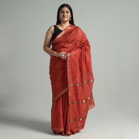Red - Traditional Chanderi Silk Cotton Handloom Saree with Zari Border 38