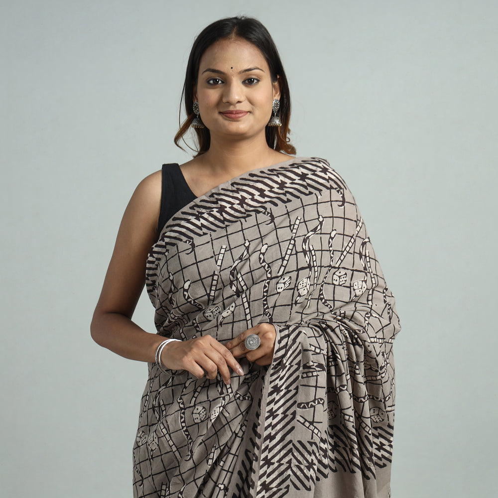 Grey - Bindaas Art Block Printed Natural Dyed Cotton Saree 16