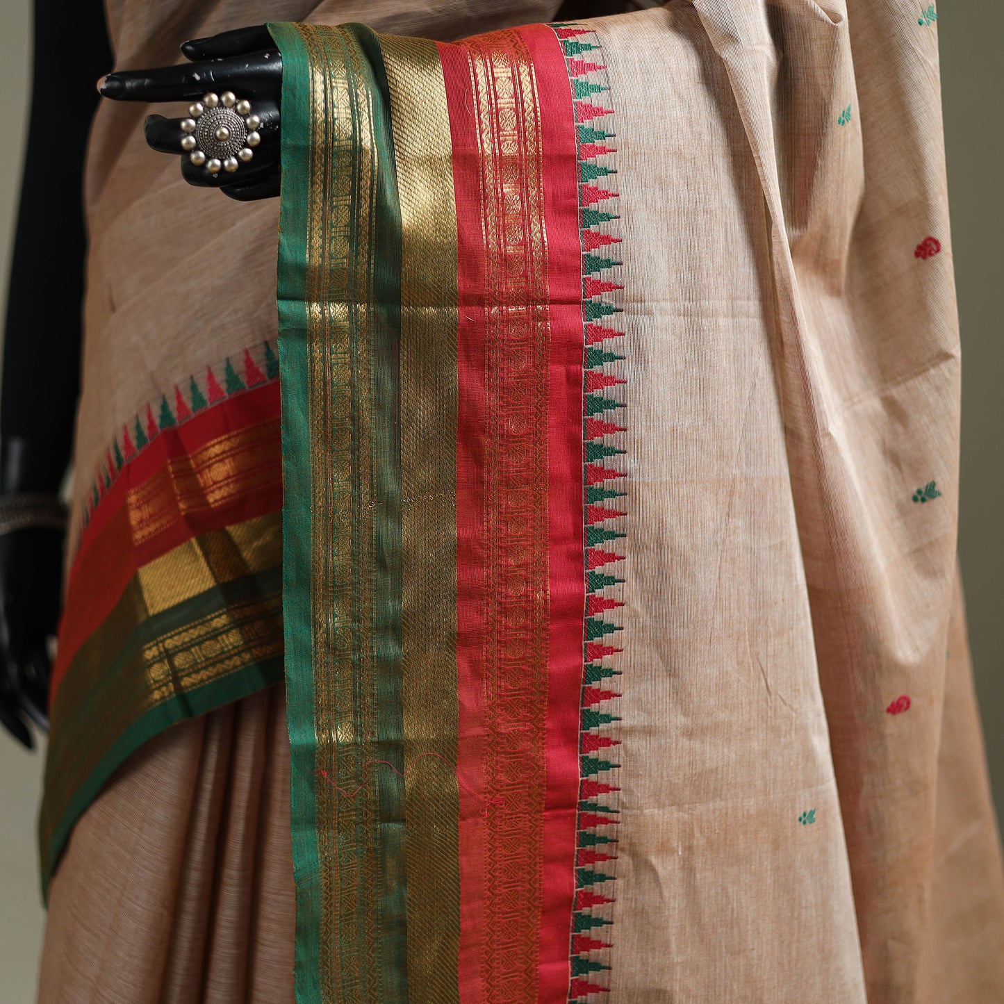 Beige - Kanchipuram Buti Cotton Saree with Border 01