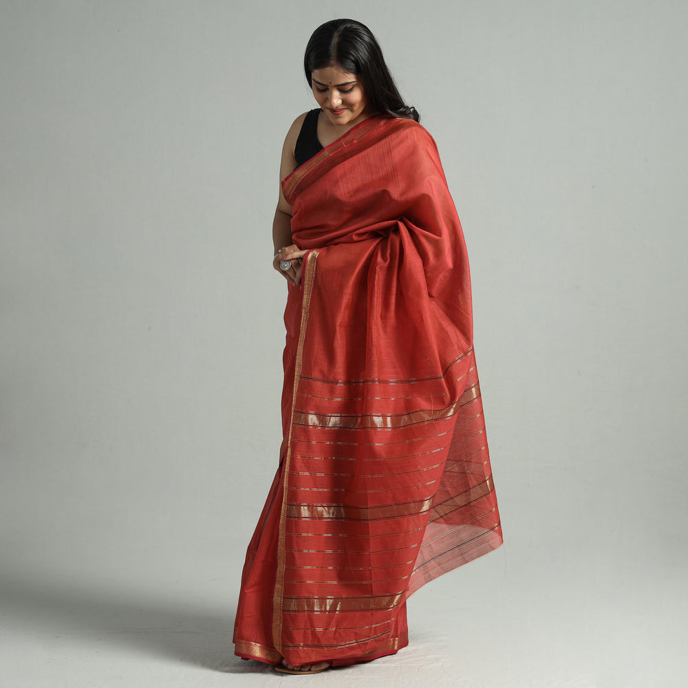 Red - Traditional Chanderi Silk Cotton Handloom Saree with Zari Border 38