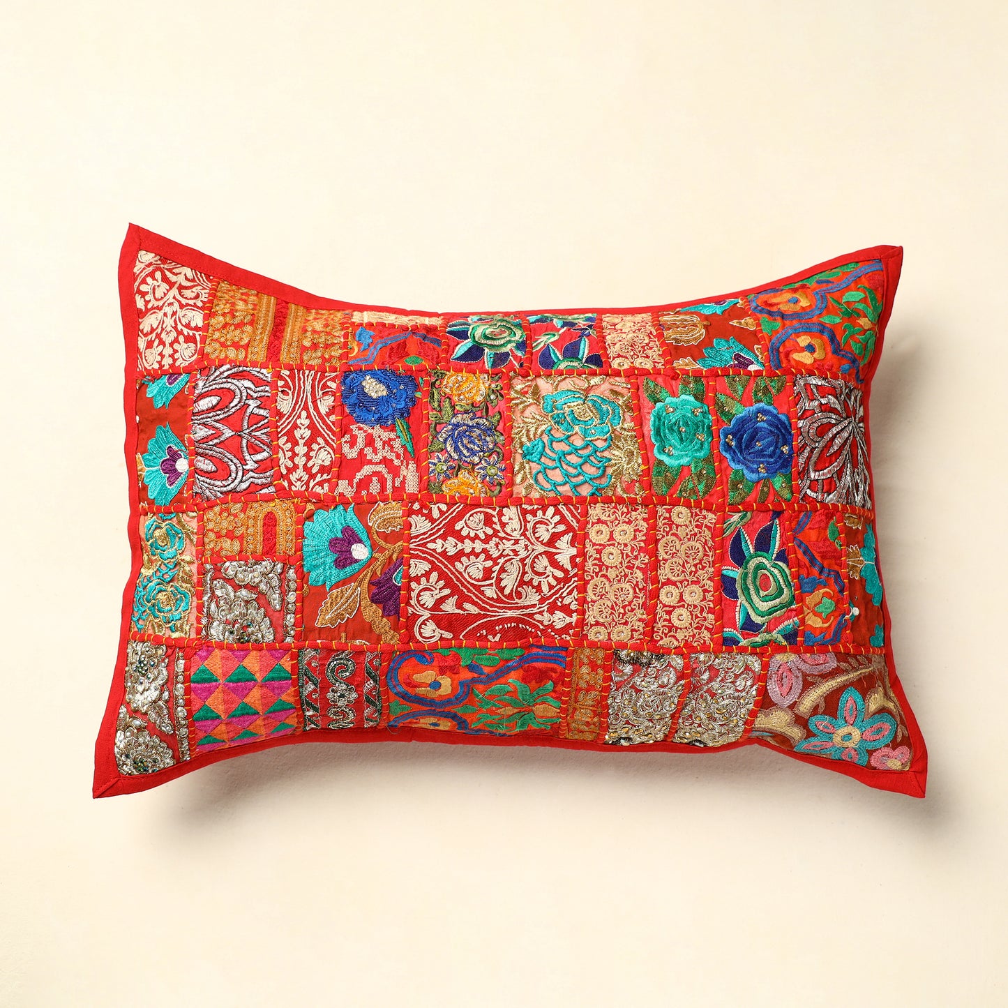 Orange - Khambadiya Patchwork Cotton Pillow Cover (24 x 17 in) 04