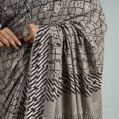 Grey - Bindaas Art Block Printed Natural Dyed Cotton Saree 16