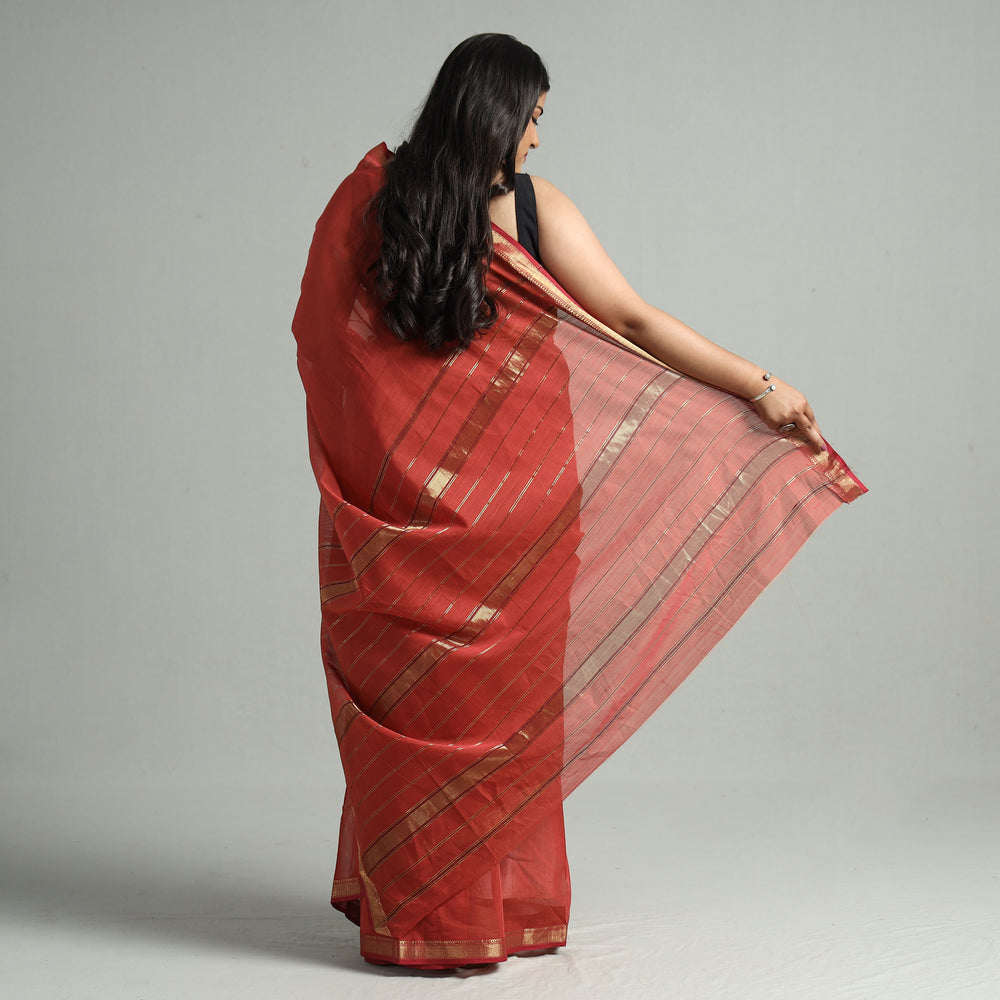 Red - Traditional Chanderi Silk Cotton Handloom Saree with Zari Border 38