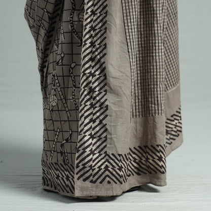 Grey - Bindaas Art Block Printed Natural Dyed Cotton Saree 16