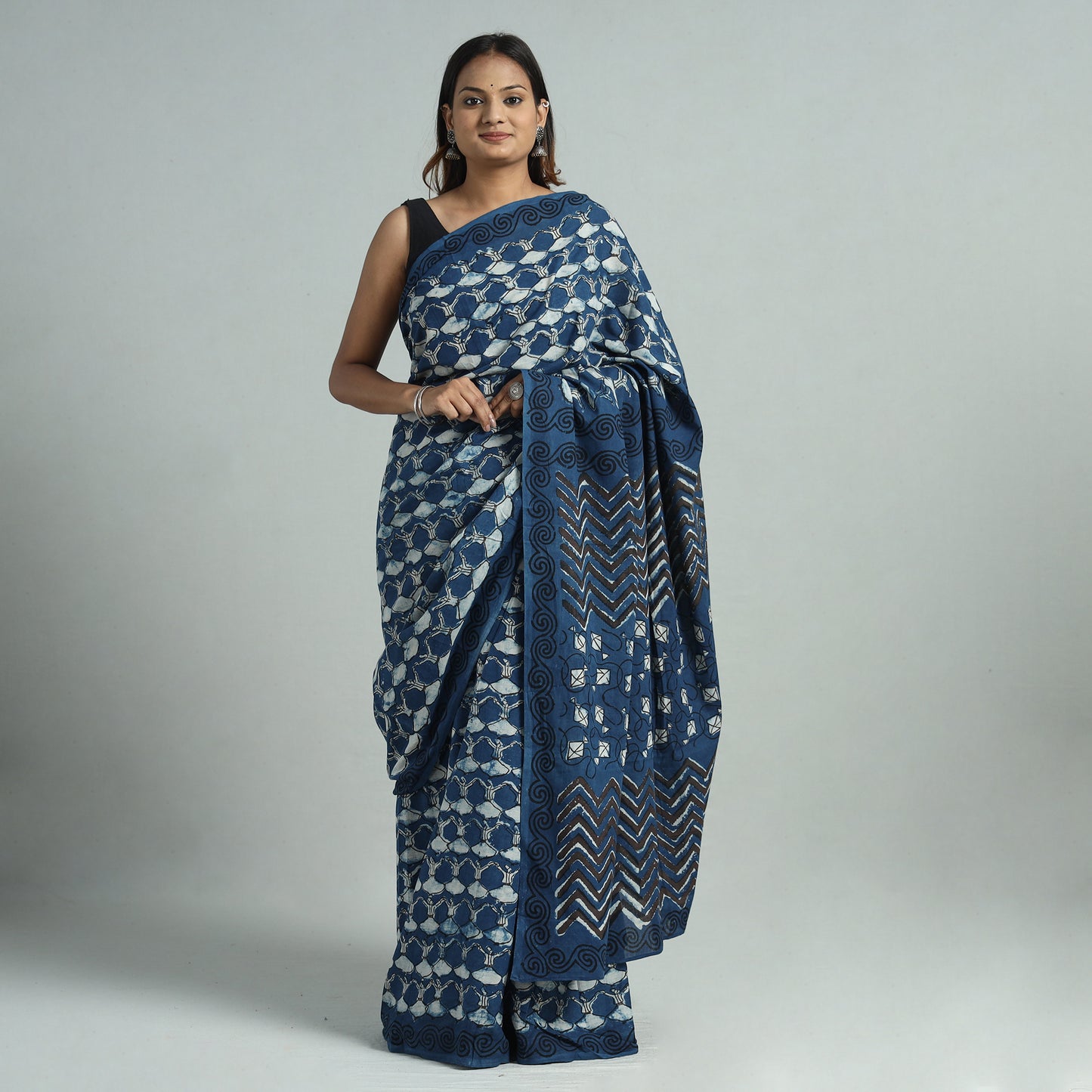 Blue - Bindaas Art Block Printed Natural Dyed Cotton Saree 08