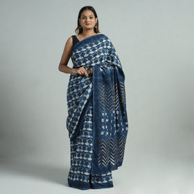 Blue - Bindaas Art Block Printed Natural Dyed Cotton Saree 08