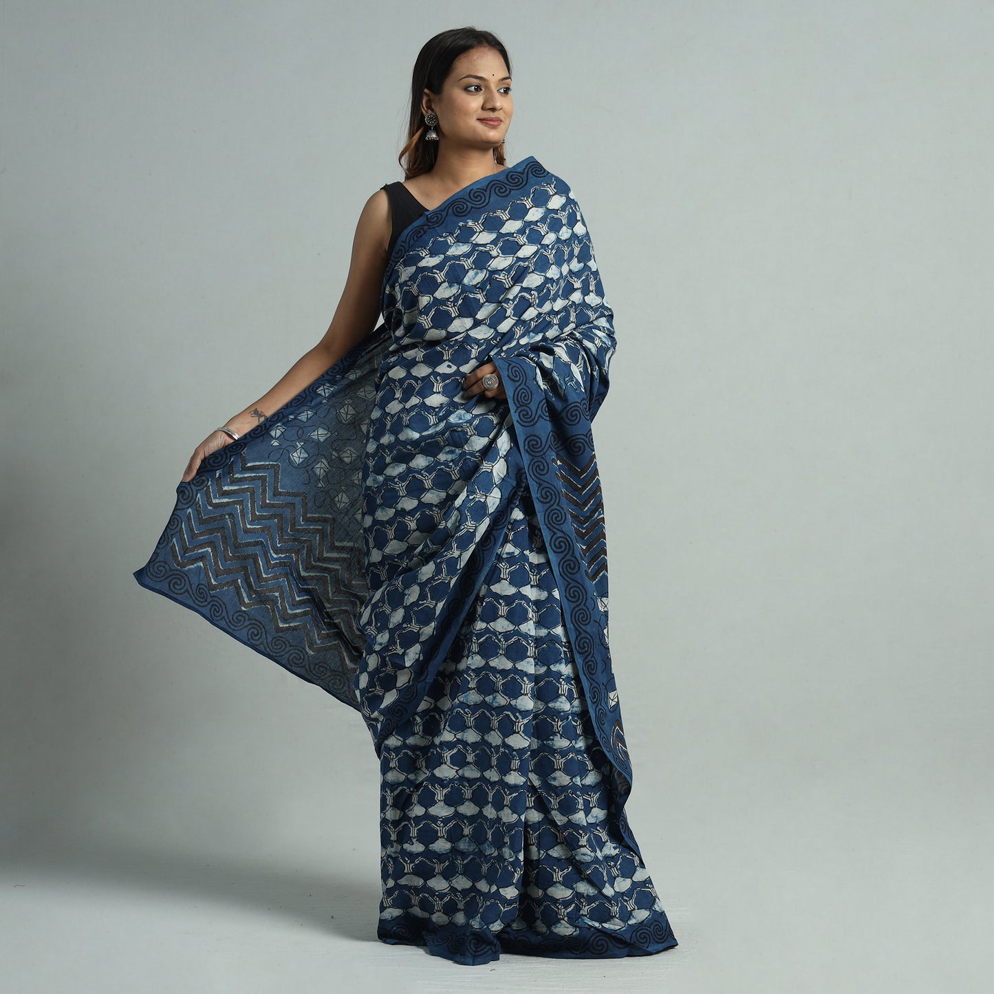 Blue - Bindaas Art Block Printed Natural Dyed Cotton Saree 08