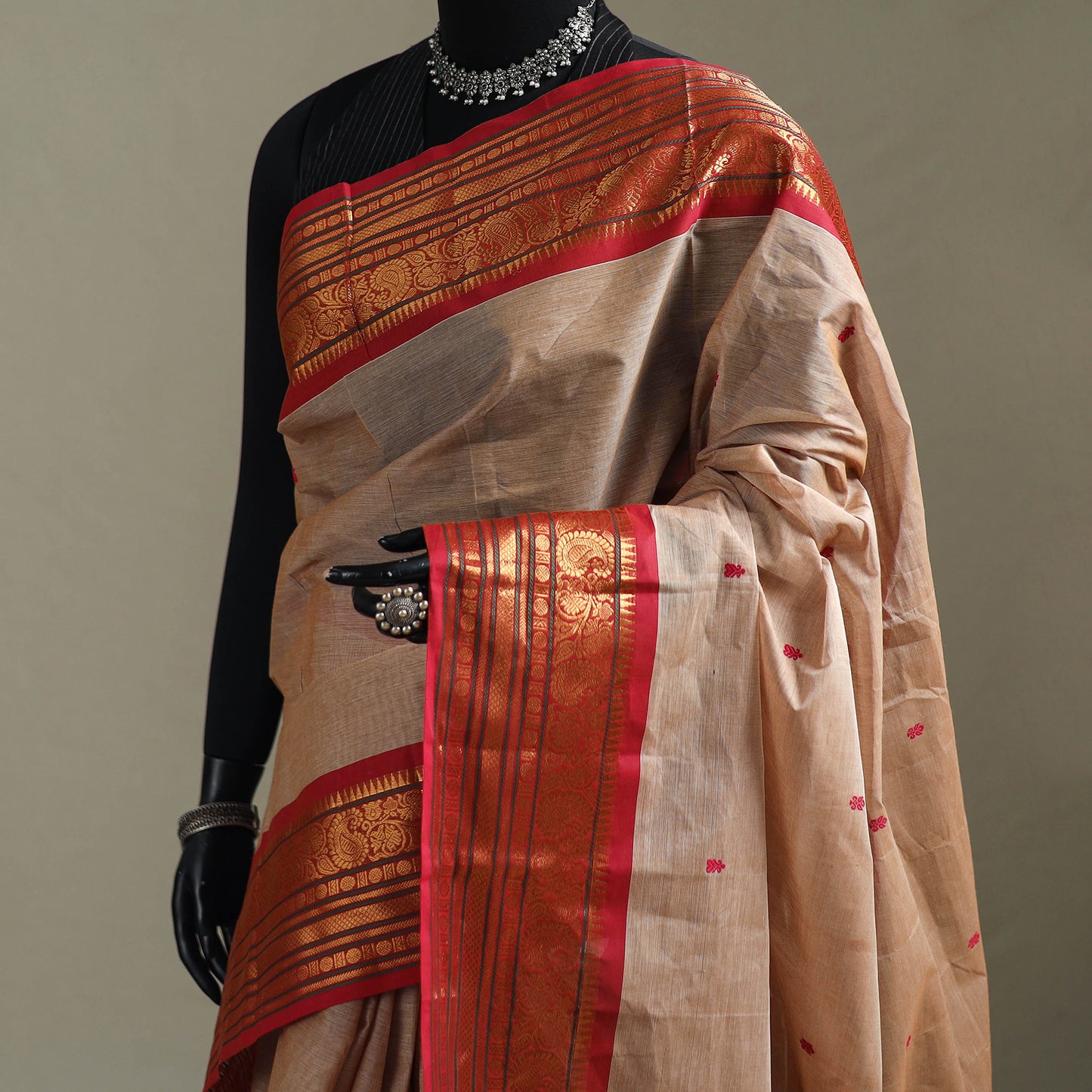 Beige - Kanchipuram Buti Cotton Saree with Border 02