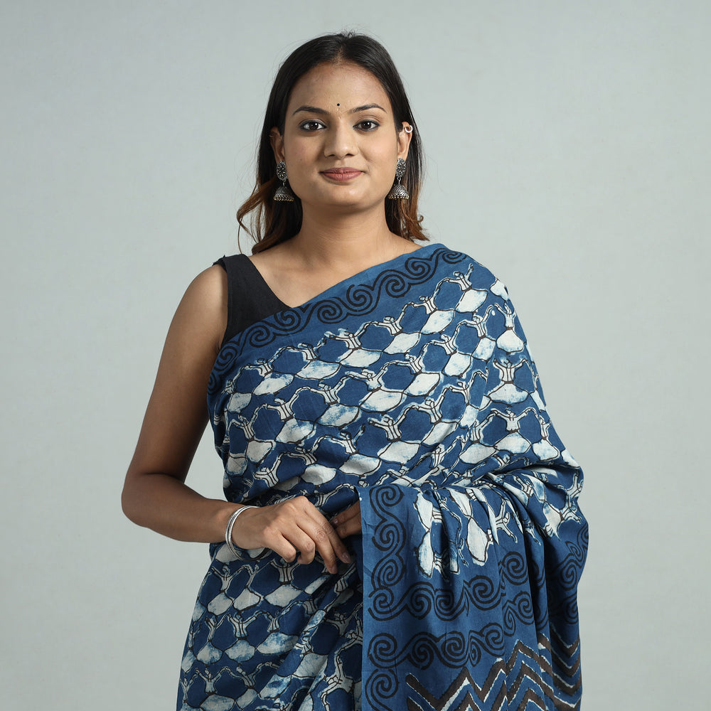 Blue - Bindaas Art Block Printed Natural Dyed Cotton Saree 08