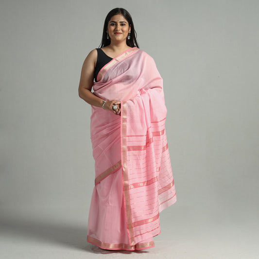 Pink - Traditional Chanderi Silk Cotton Handloom Saree with Zari Border 39