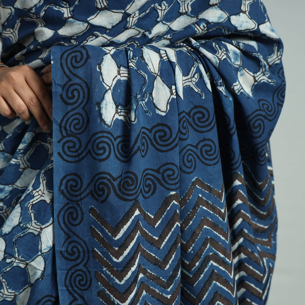 Blue - Bindaas Art Block Printed Natural Dyed Cotton Saree 08