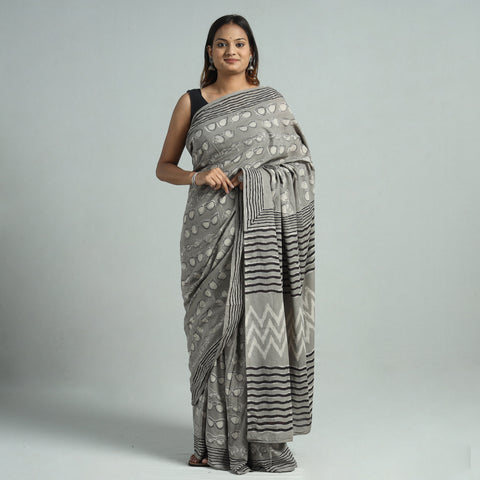 Grey - Bindaas Art Block Printed Natural Dyed Cotton Saree 09