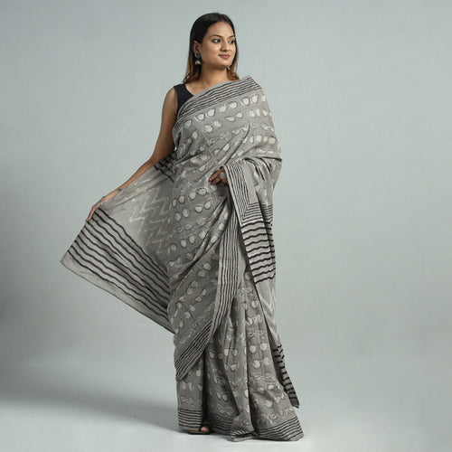 Grey - Bindaas Art Block Printed Natural Dyed Cotton Saree 09