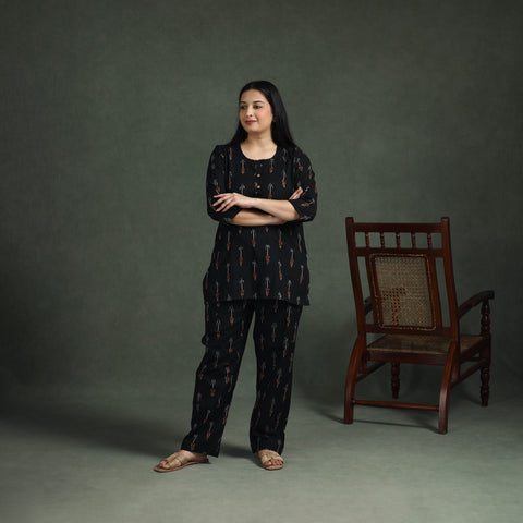 Black - Pochampally Ikat Cotton Night Suit Set for Women 08