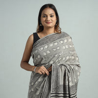 Grey - Bindaas Art Block Printed Natural Dyed Cotton Saree 09