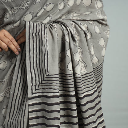 Grey - Bindaas Art Block Printed Natural Dyed Cotton Saree 09