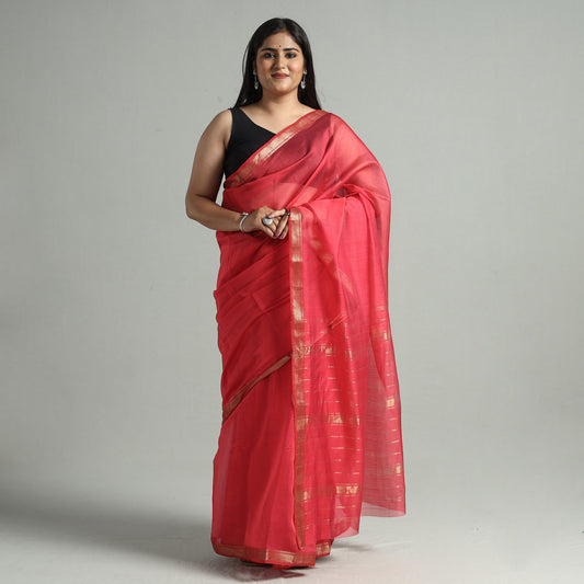 Pink - Traditional Chanderi Silk Cotton Handloom Saree with Zari Border 40
