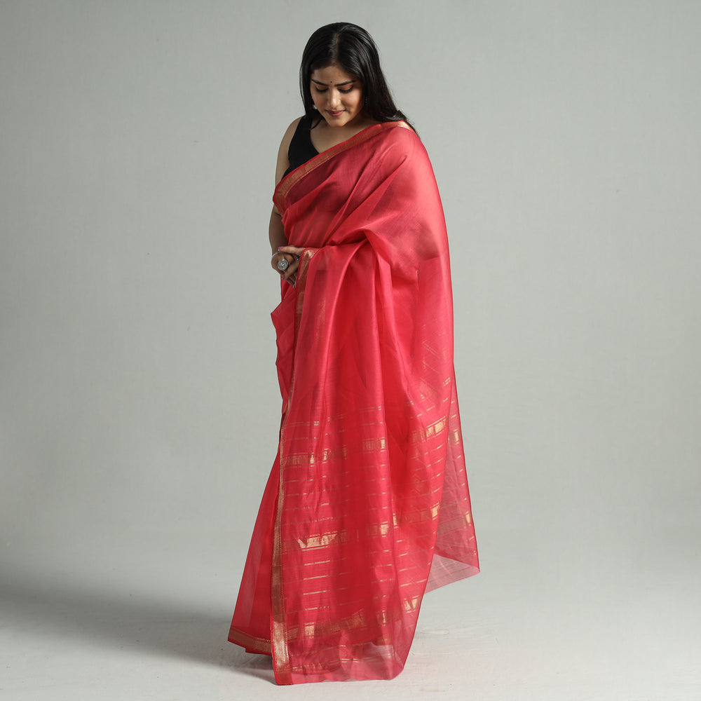 Pink - Traditional Chanderi Silk Cotton Handloom Saree with Zari Border 40