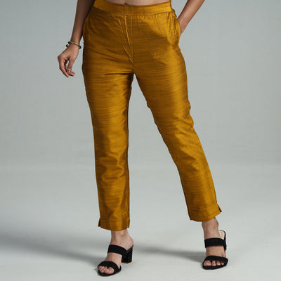 Yellow - Silk Tapered Casual Pant for Women 01