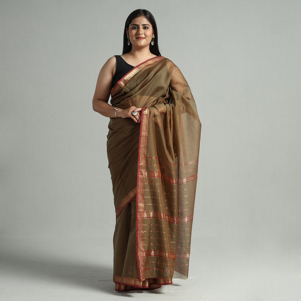 Brown - Traditional Chanderi Silk Cotton Handloom Saree with Zari Border 41