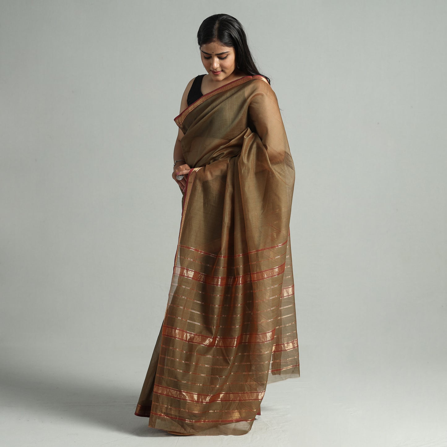 Brown - Traditional Chanderi Silk Cotton Handloom Saree with Zari Border 41