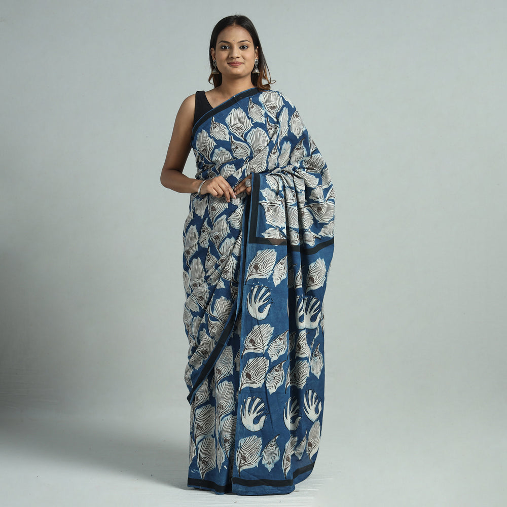 Blue - Bindaas Art Block Printed Natural Dyed Cotton Saree 04