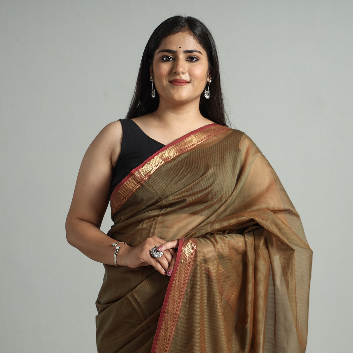 Brown - Traditional Chanderi Silk Cotton Handloom Saree with Zari Border 41