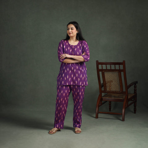 Purple - Pochampally Ikat Cotton Night Suit Set for Women 07