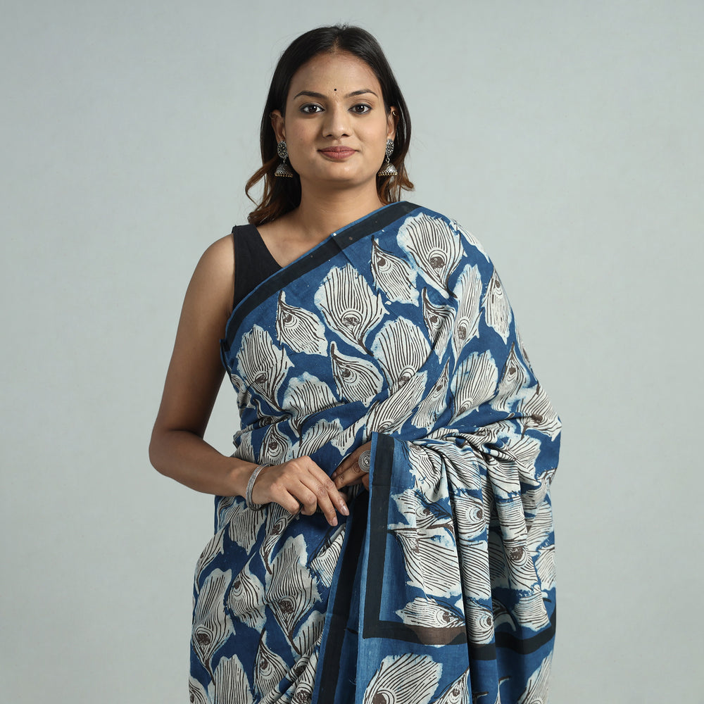 Blue - Bindaas Art Block Printed Natural Dyed Cotton Saree 04