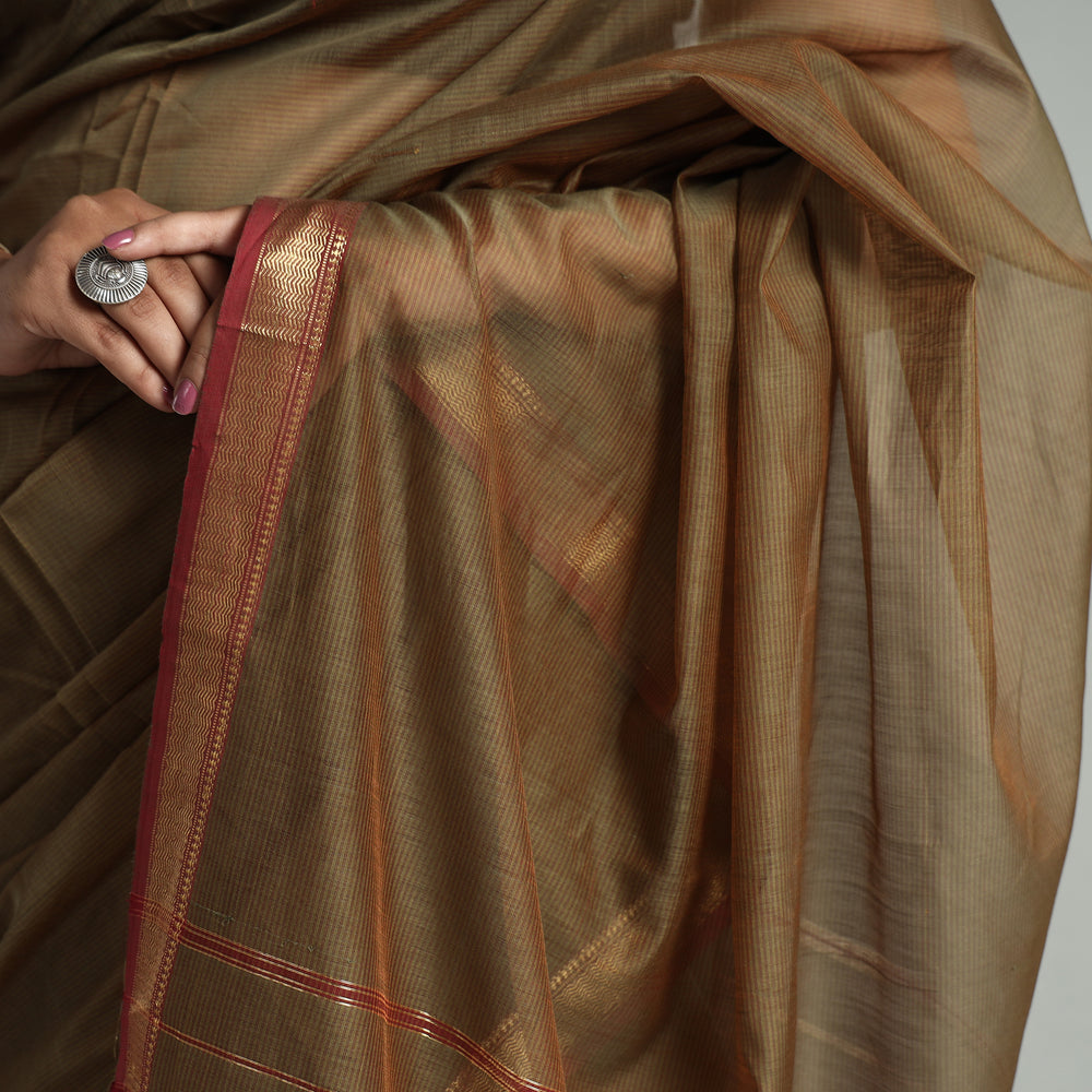 Brown - Traditional Chanderi Silk Cotton Handloom Saree with Zari Border 41