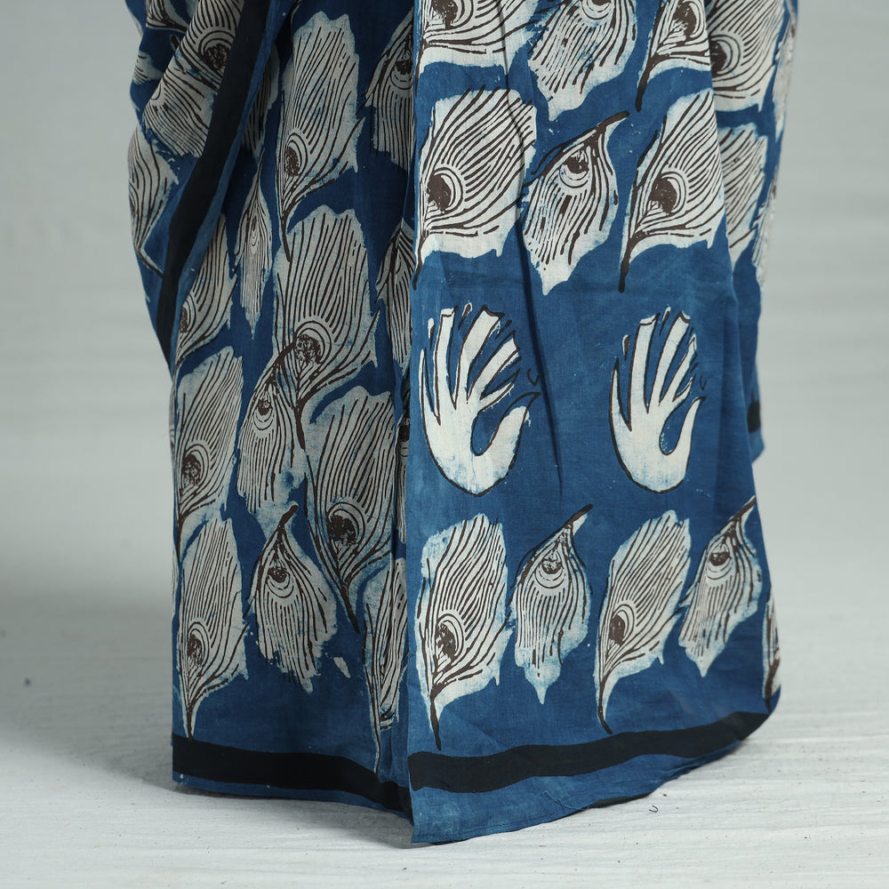 Blue - Bindaas Art Block Printed Natural Dyed Cotton Saree 04