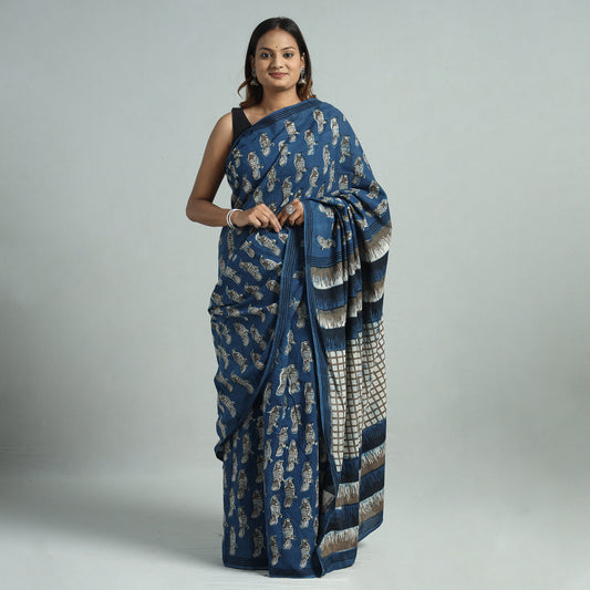 Blue - Bindaas Art Block Printed Natural Dyed Cotton Saree 21