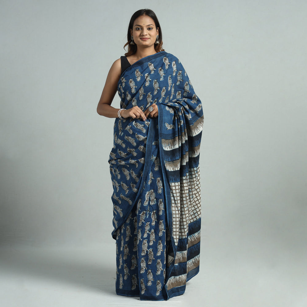 Blue - Bindaas Art Block Printed Natural Dyed Cotton Saree 21