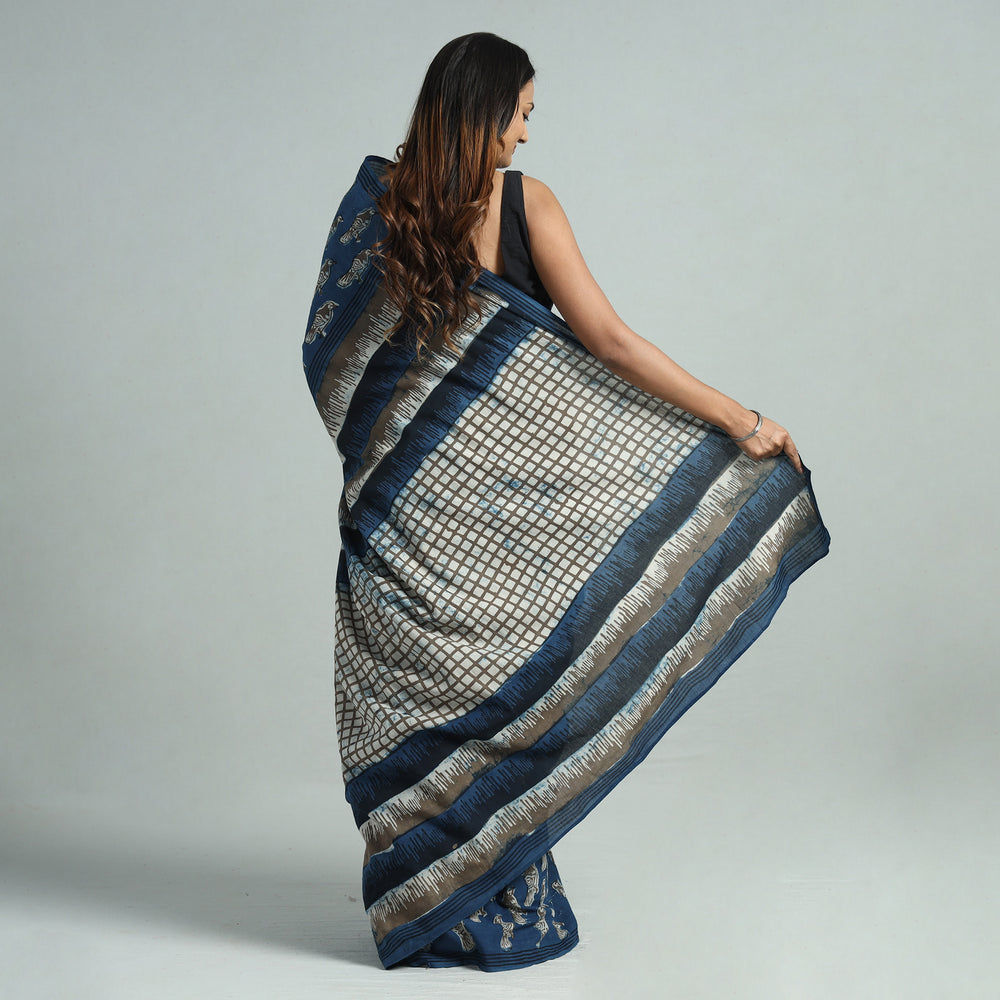 Blue - Bindaas Art Block Printed Natural Dyed Cotton Saree 21