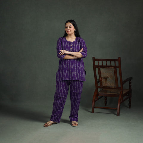 Purple - Pochampally Ikat Cotton Night Suit Set for Women 06