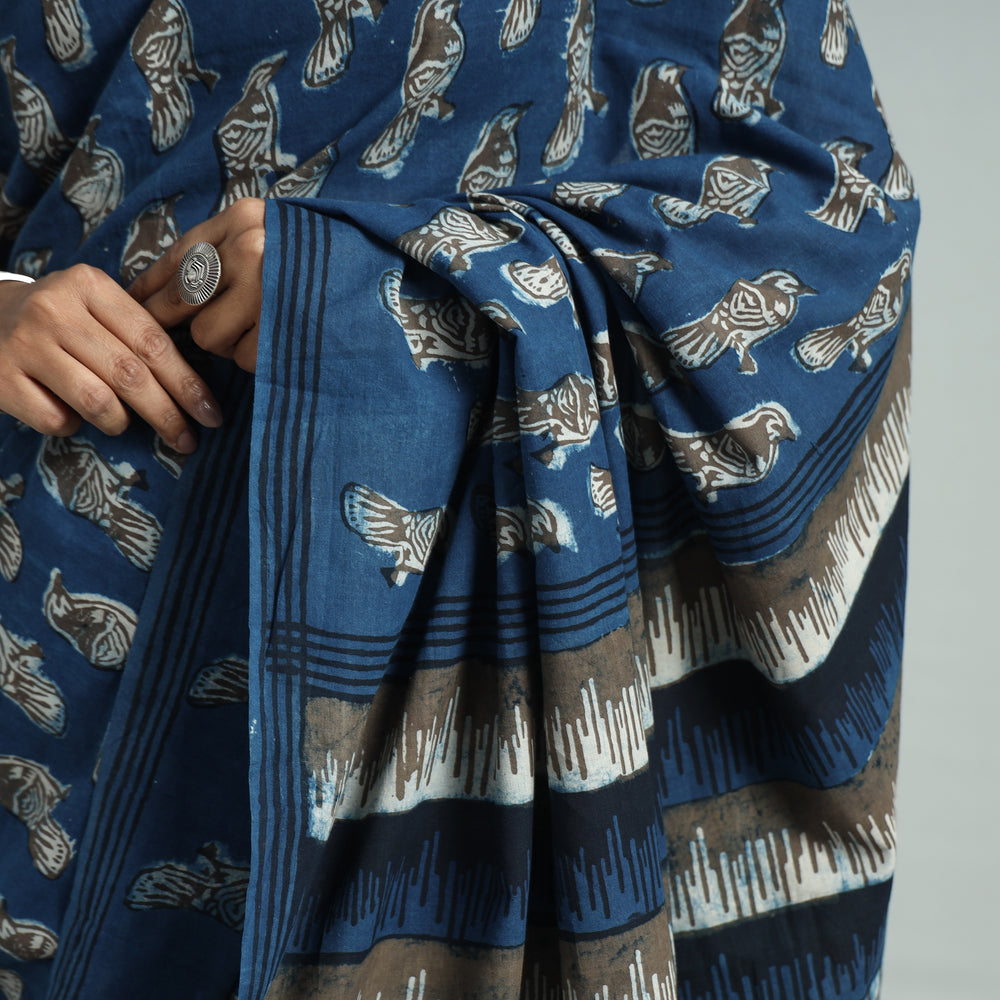 Blue - Bindaas Art Block Printed Natural Dyed Cotton Saree 21