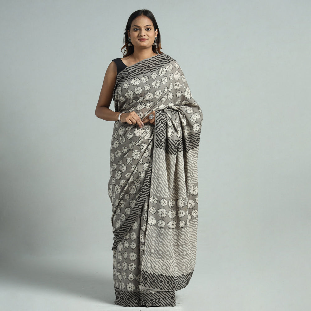 Grey - Bindaas Art Block Printed Natural Dyed Cotton Saree 17