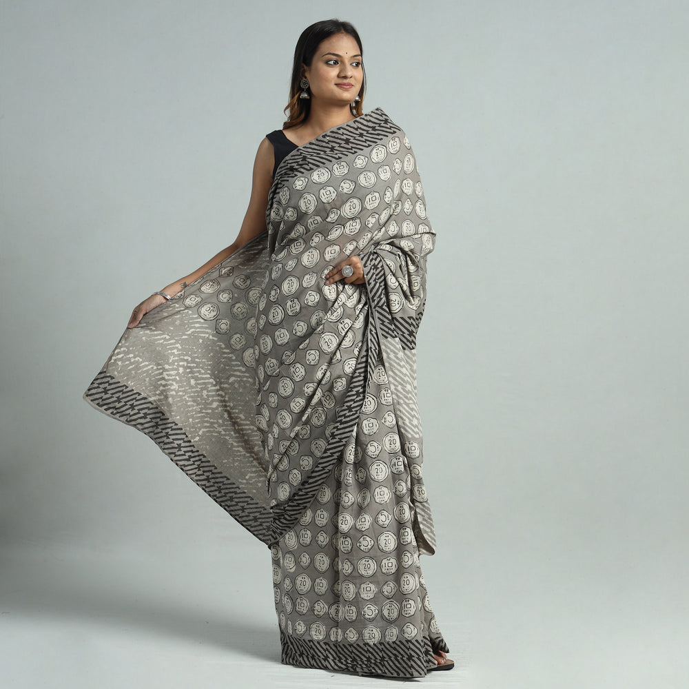 Grey - Bindaas Art Block Printed Natural Dyed Cotton Saree 17