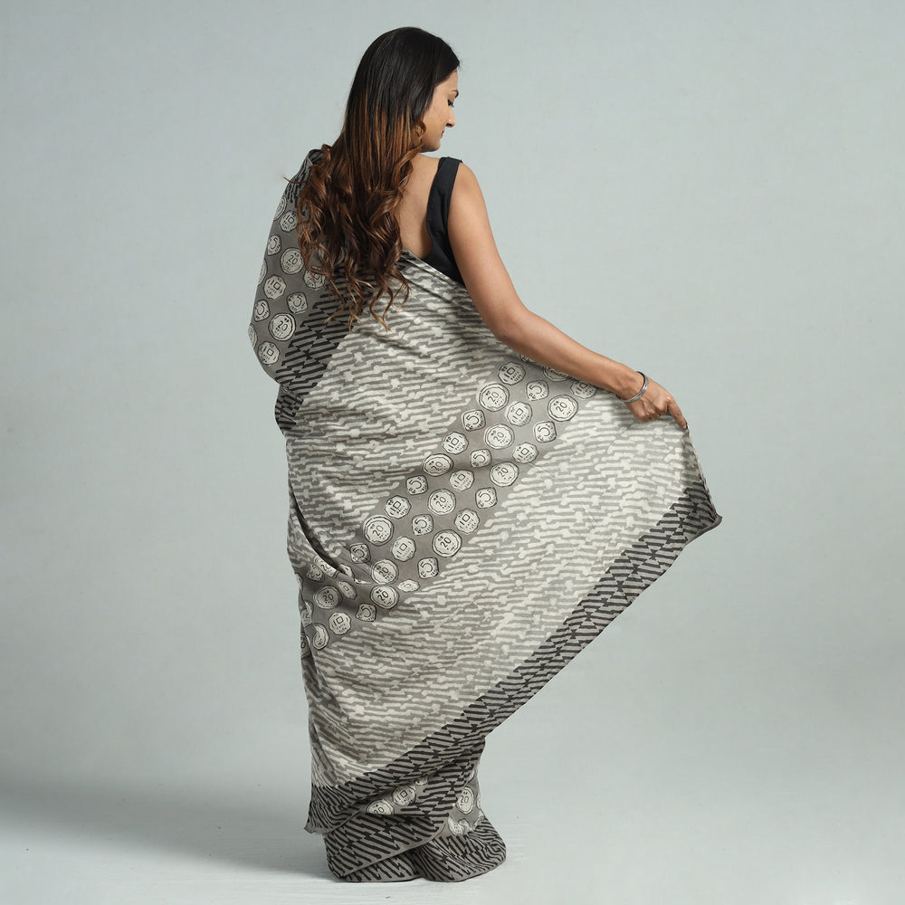 Grey - Bindaas Art Block Printed Natural Dyed Cotton Saree 17