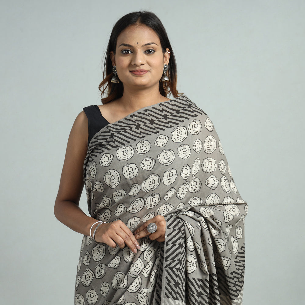 Grey - Bindaas Art Block Printed Natural Dyed Cotton Saree 17