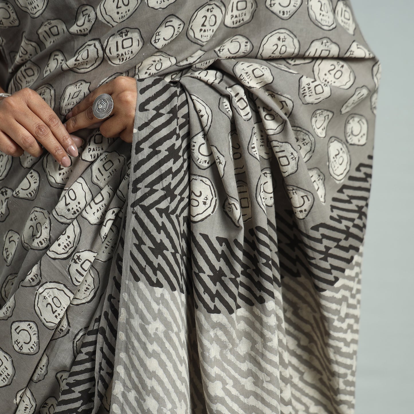 Grey - Bindaas Art Block Printed Natural Dyed Cotton Saree 17