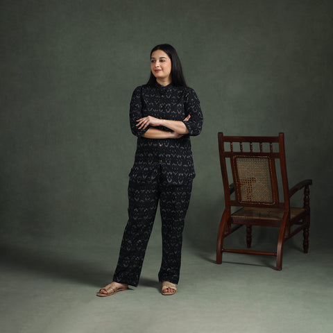 Black - Pochampally Ikat Cotton Night Suit Set for Women 03