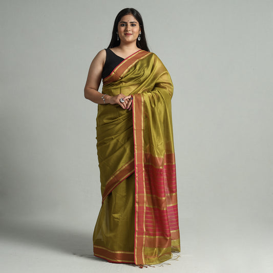 Green - Traditional Maheshwari Silk Cotton Handloom Saree with Thread Border 43