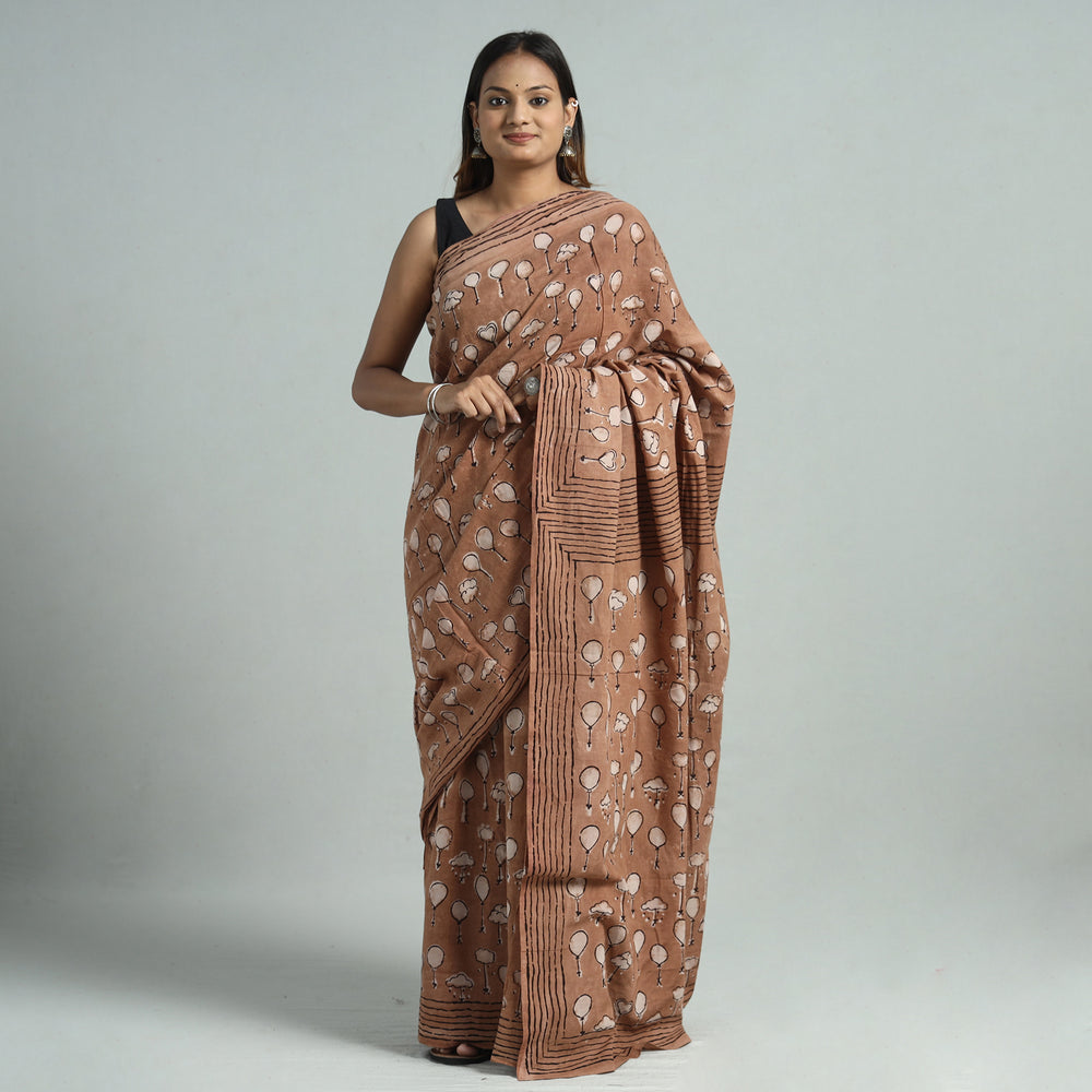 Brown - Bindaas Art Block Printed Natural Dyed Cotton Saree 02